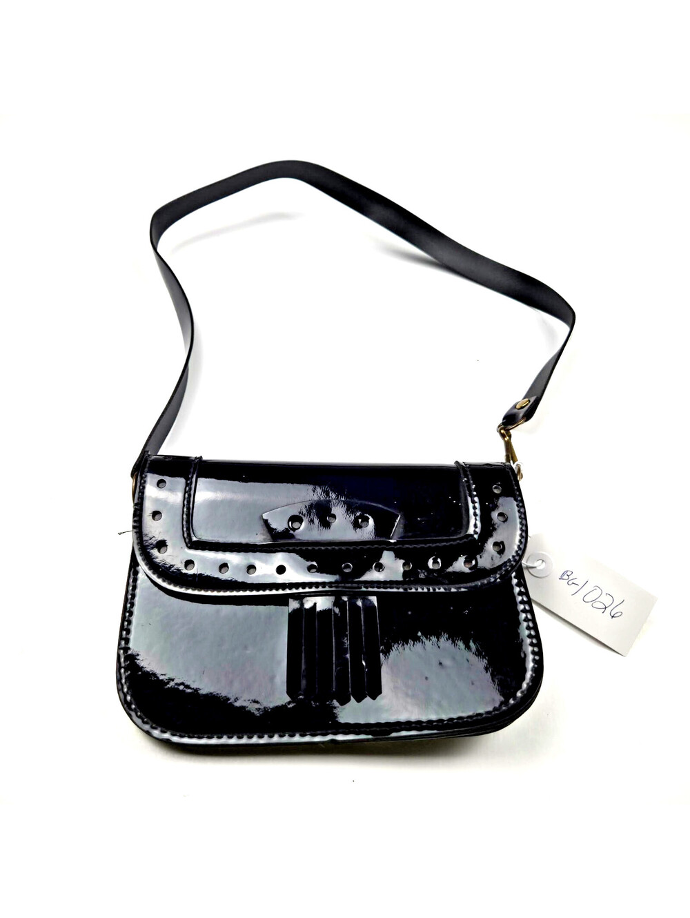 Black Patent Leather Shoulder Bag Tassel Pierced Flap Mod 1960s 1970s Vintage